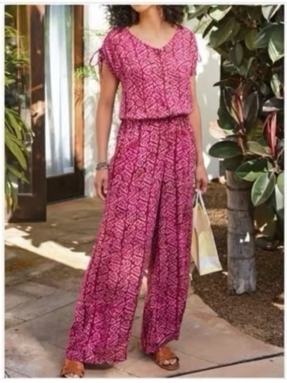 Soft Surroundings Red Pink Geometric Wide Leg Jumpsuit Women's Medium Tie Waist